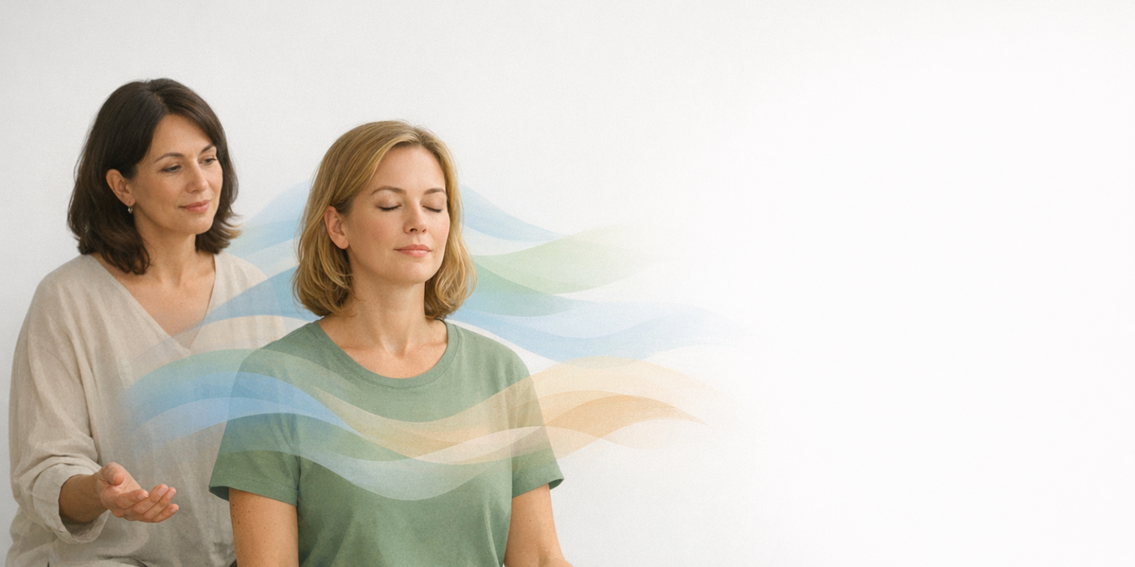 Therapist teaching client self-hypnosis techniques for chronic pain relief during a relaxed home practice session