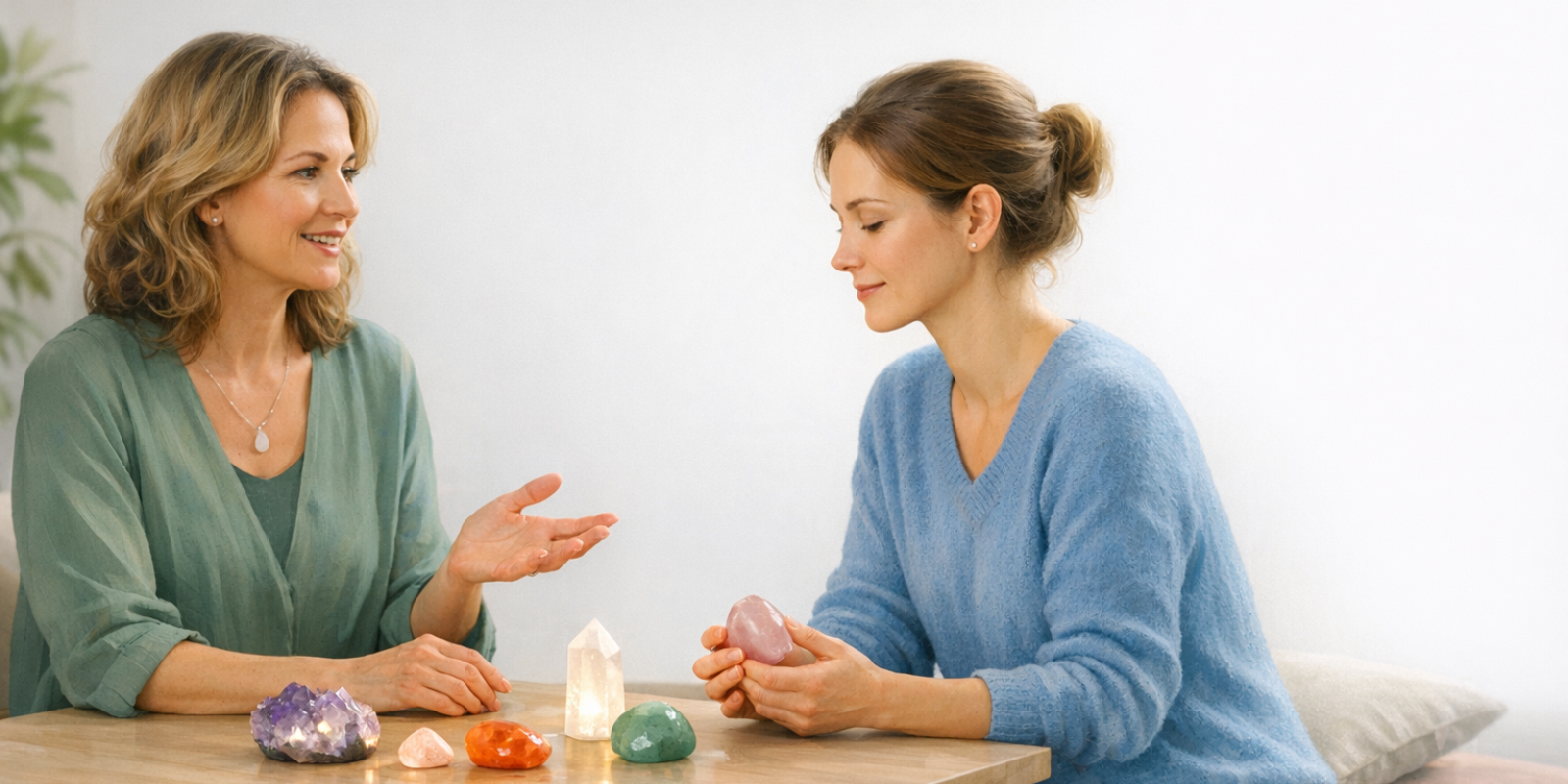 Therapist showing crystals to curious client while explaining lithotherapy for spiritual growth and emotional healing