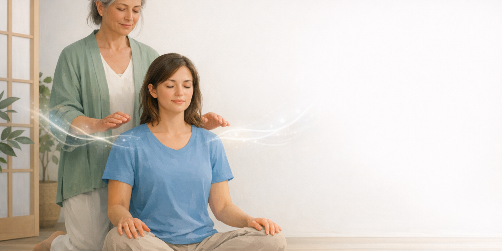 Reiki master performing attunement ceremony with student in calm healing space, preparing to hold space for energywork