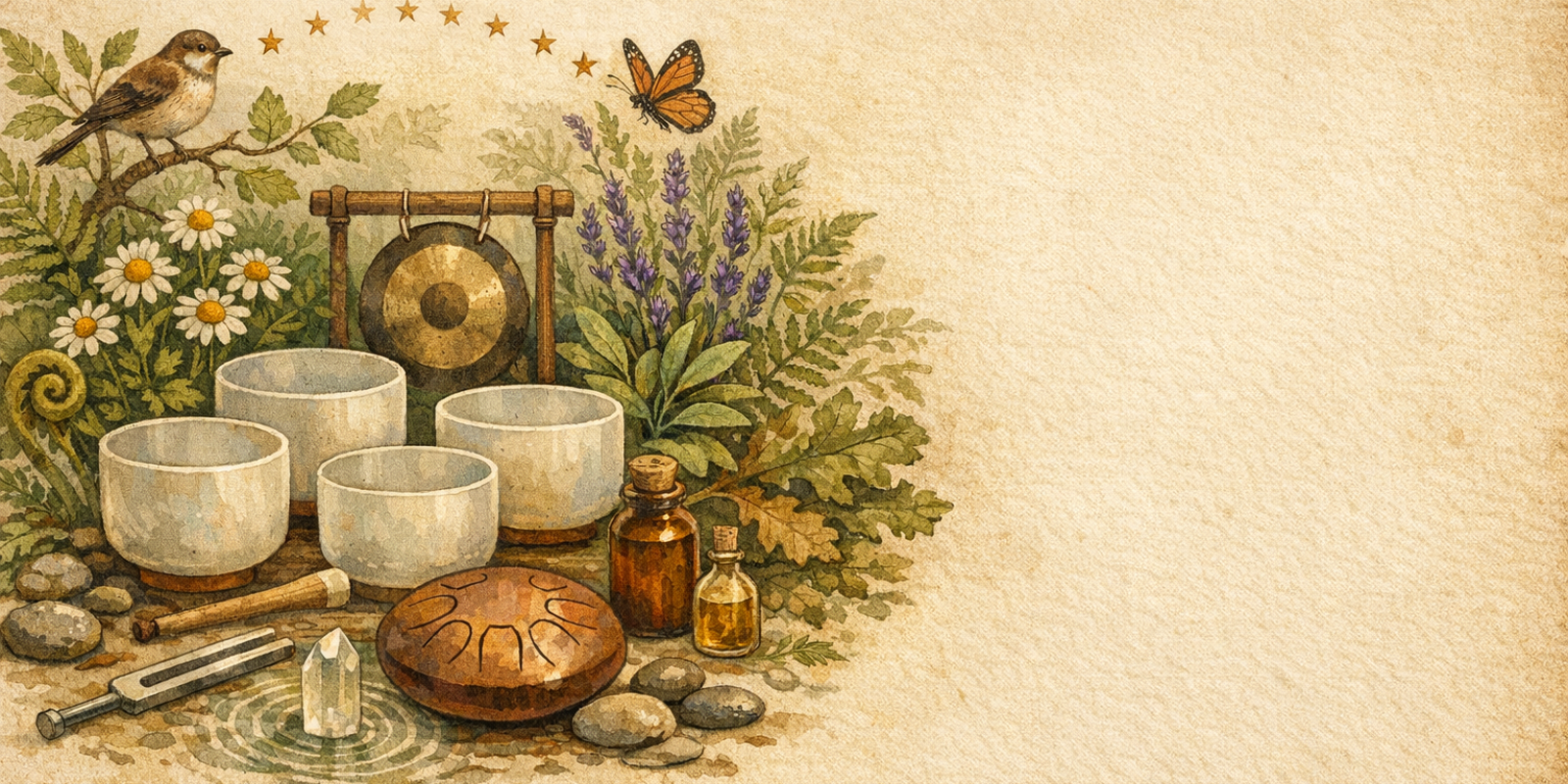 Therapist using sound therapy instruments in a calming studio to guide a client through anxiety relief session