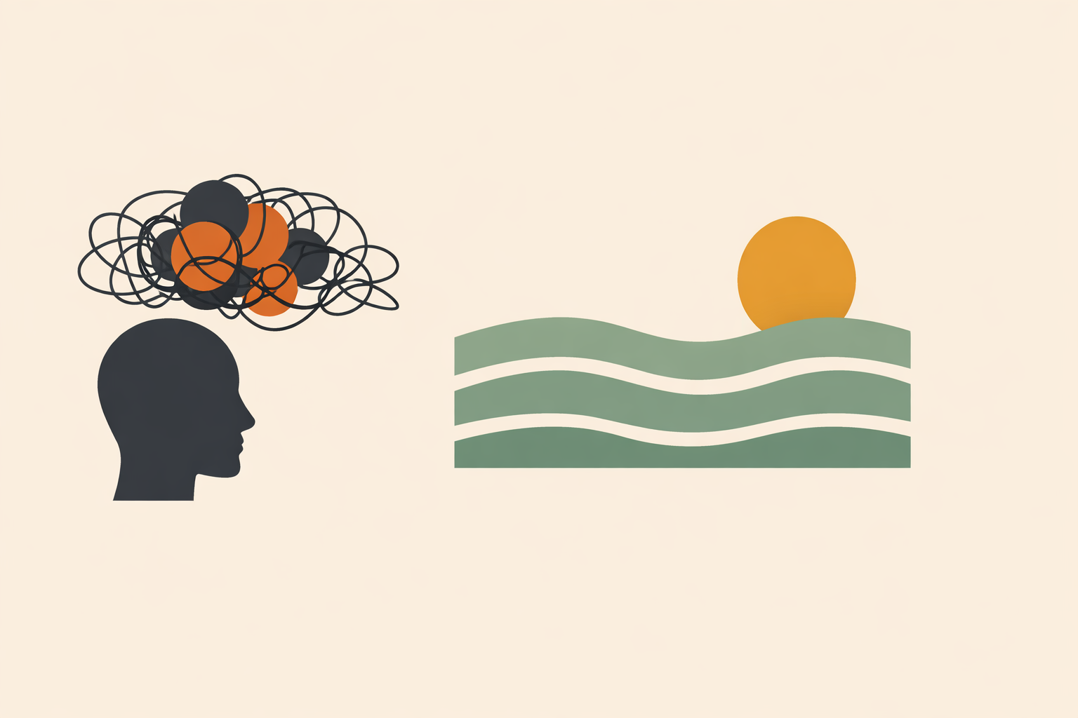 Mindfulness coach guiding anxious client through breathing exercise to calm overthinking and build present-moment awareness