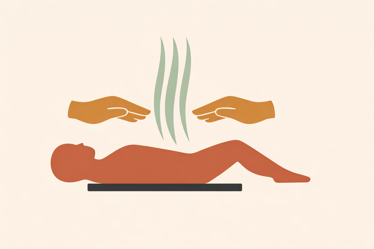 Reiki practitioner channeling universal life force energy with hands hovering above a relaxed client on a massage table