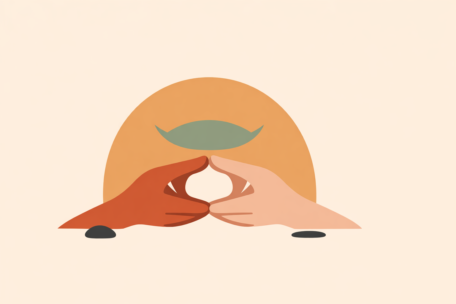 Therapist guiding client in mindfulness meditation while practicing simple hand mudras during a calm session
