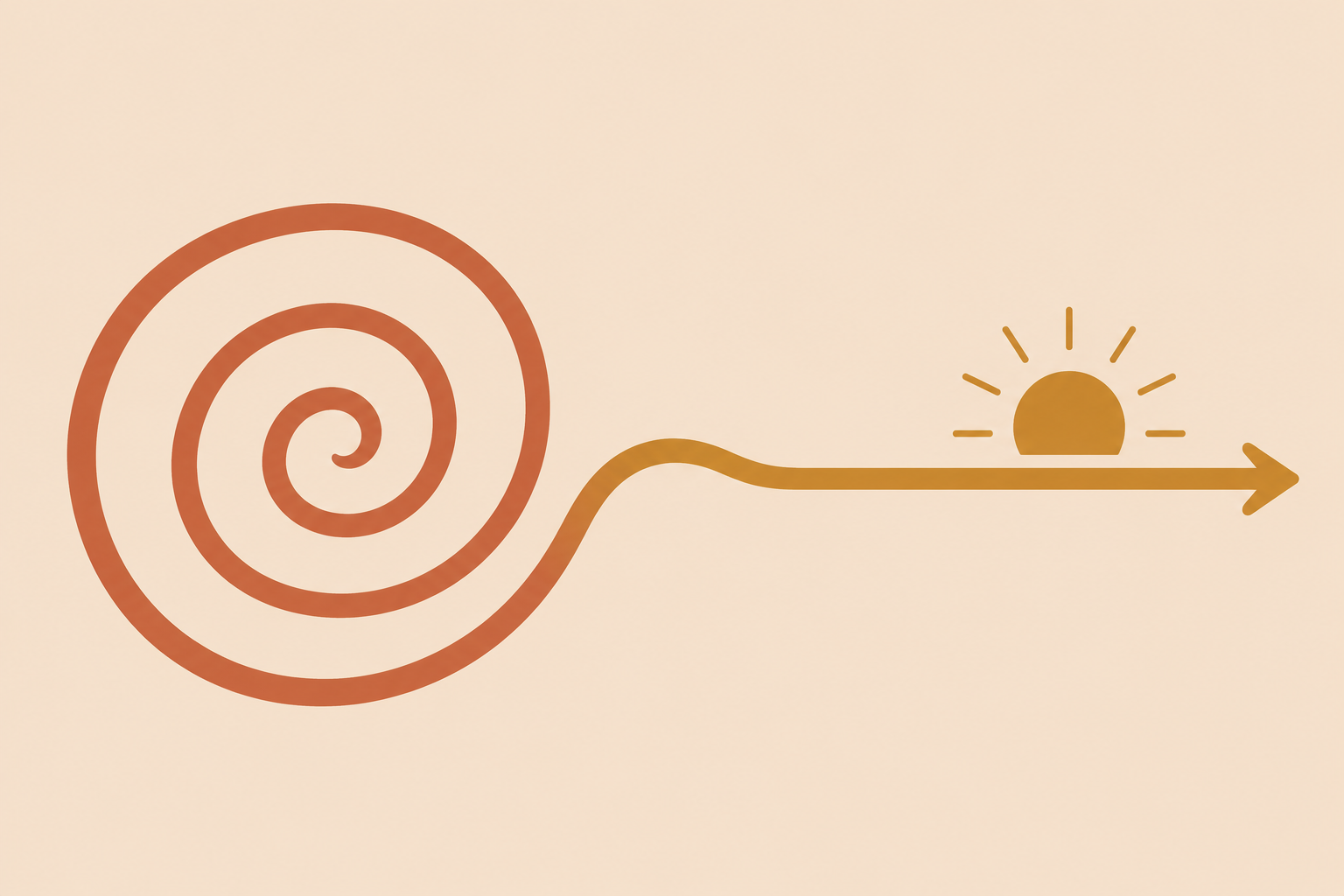 Minimalist flat vector illustration of an abstract spiral resolving into a straight path, terracotta and ochre on beige, symbolising psychedelic integ