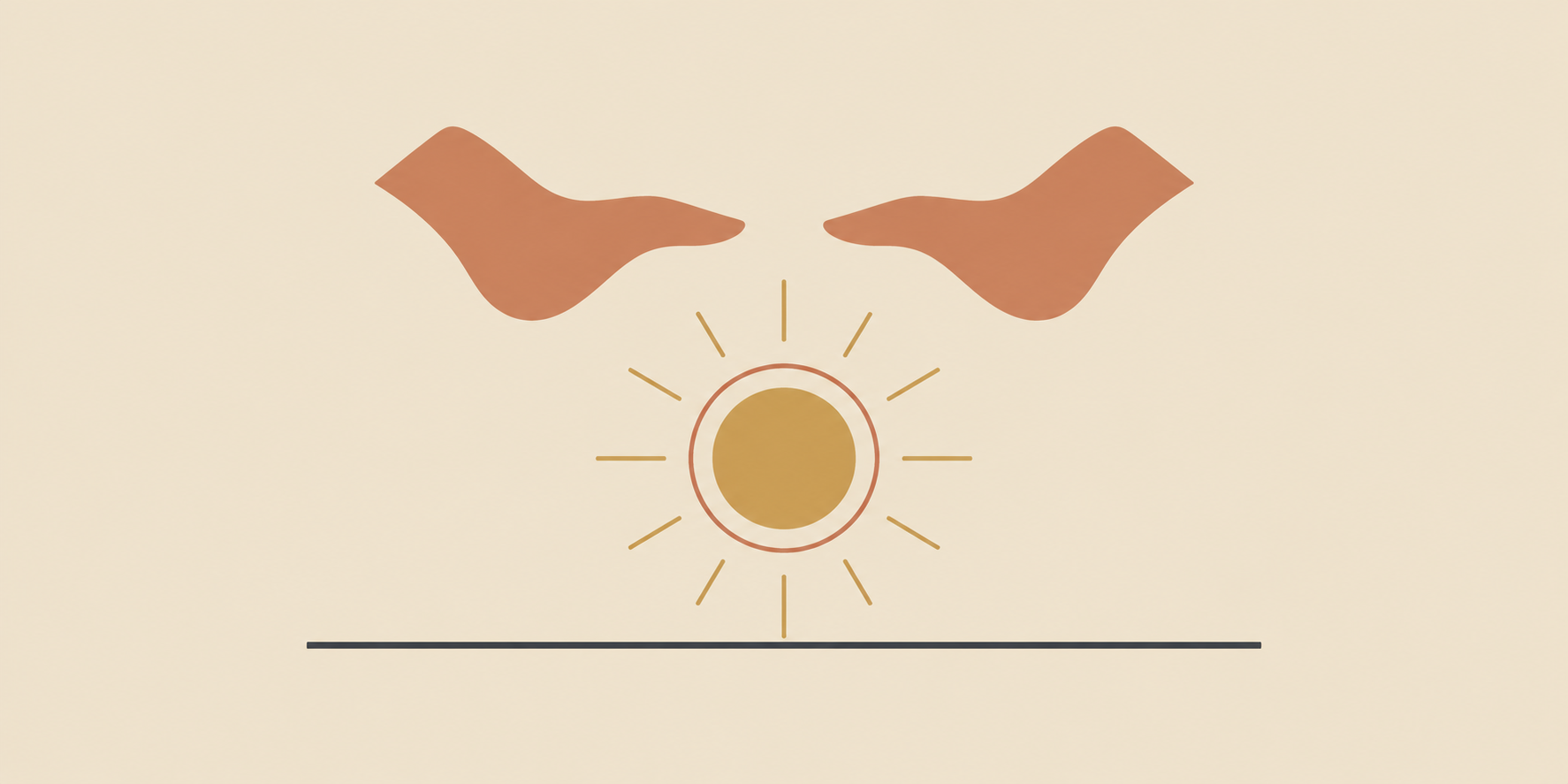 Minimalist flat vector illustration of two open hands above a glowing circle, terracotta and ochre on beige, symbolising Reiki energy practice
