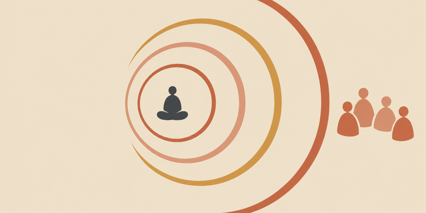 Minimalist flat vector illustration of concentric circles around a seated abstract figure, ochre and terracotta on beige, symbolising guided meditatio