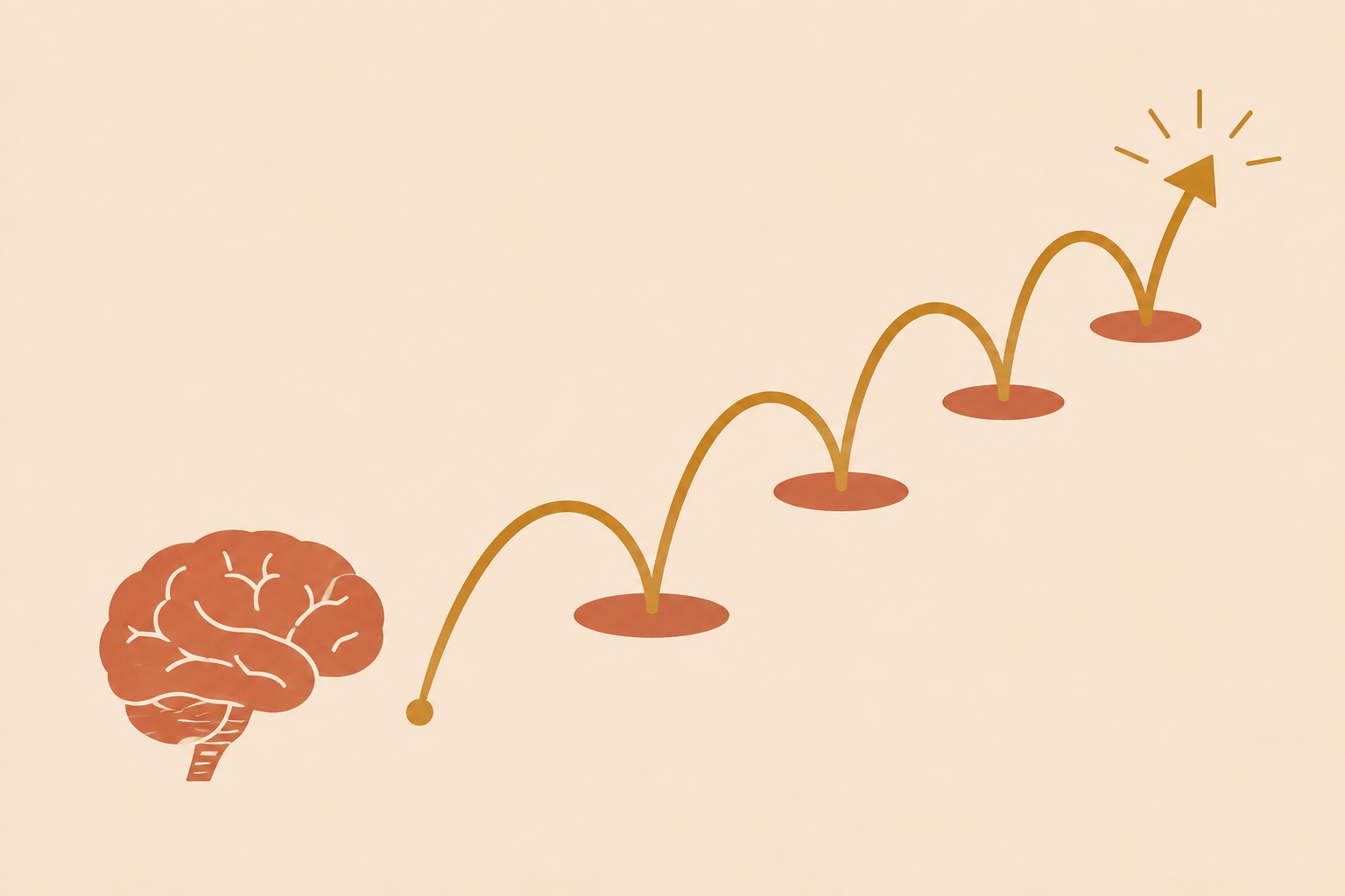Minimalist flat vector illustration of repeated arcs forming a strengthening path, ochre and terracotta on beige, symbolising habit formation and brai