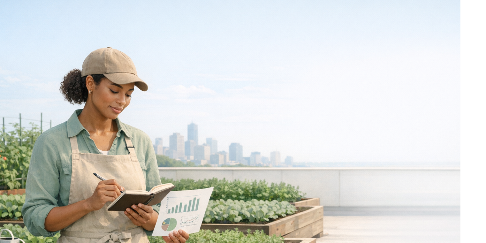 Urban farmer harvesting leafy greens in raised beds, tracking prices and income to grow a profitable urban farming business