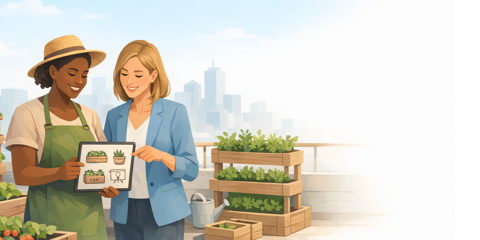 Urban farmer harvesting leafy greens in raised beds, tracking prices and income to grow a profitable urban farming business